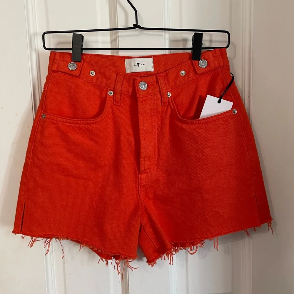7 For All Mankind Koi Orange Red High Rise Cutoff Denim Shorts Size 25 NWT